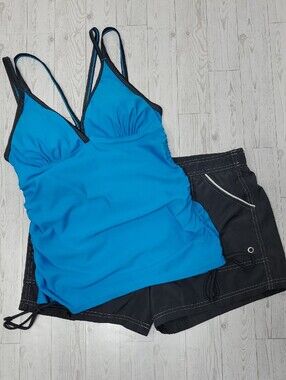 Free Country Blue Grey Tankini Swim Top & Grey Swim Shorts Swimsuit Womens Large